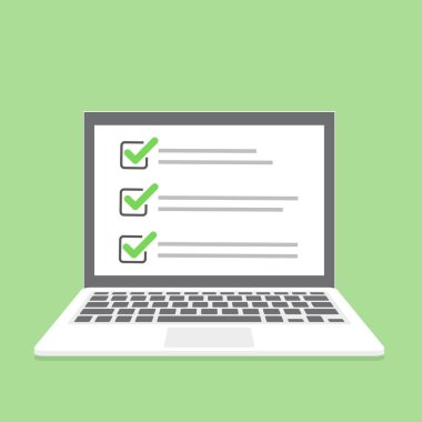 Düz dizaynlı çevrimiçi kontrol listesi olan dizüstü bilgisayar. Vektör