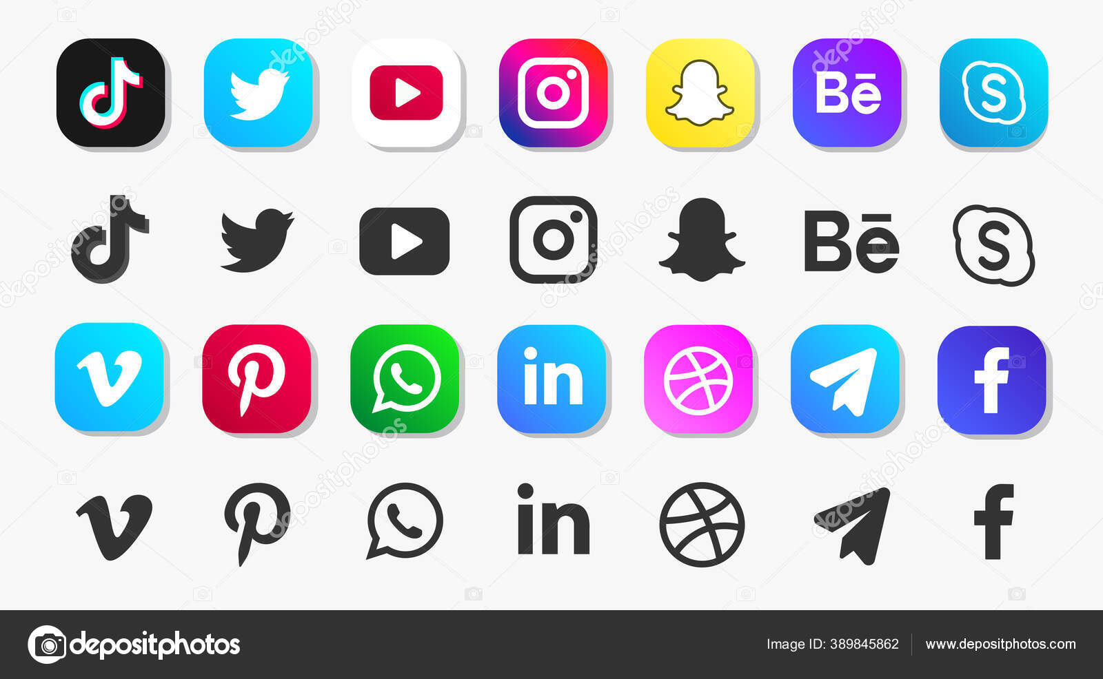 Sett med de mest populære sosiale medieloggene trykt på papir: Facebook,  Instagram stockvektor © Flamestar #389845862, image size:1600x986