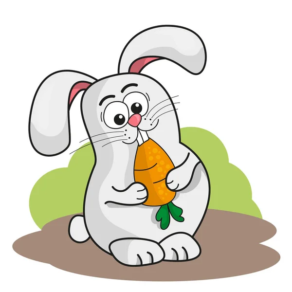かわいい漫画のウサギがニンジンを保持しています。ベクトル図 — ストックベクタ