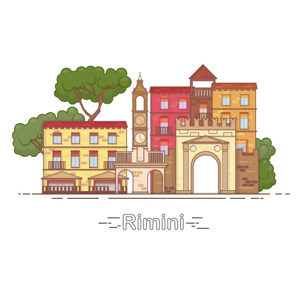 Italien, rimini skizzieren stadtsilhouette, lineare illustration, banner, reisedenkmal — Stockvektor
