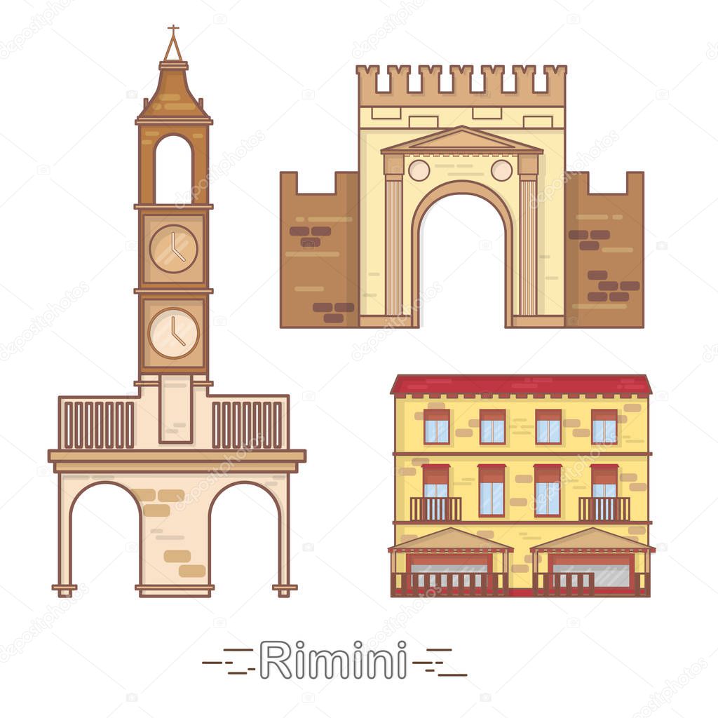 Italy Rimini outline city buildings, linear illustration, banner, travel landmark - buildings vector