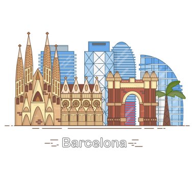 En az Barcelona şehir doğrusal manzarası - anahat şehir binaları, doğrusal, seyahat