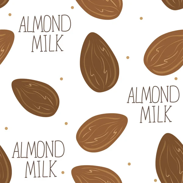 Leche de almendras - conjunto vectorial de elementos de diseño y patrón para el fondo de embalaje — Archivo Imágenes Vectoriales