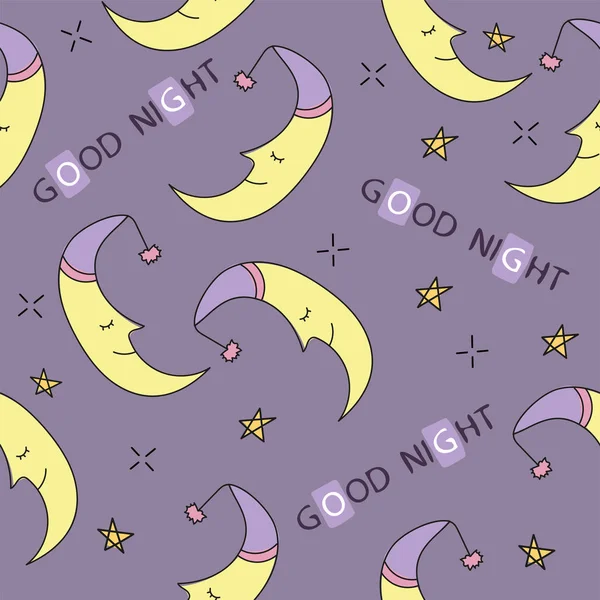 Doodle bonne nuit motif sans couture. Les étoiles, la lune. Bonne nuit dessinée à la main — Image vectorielle