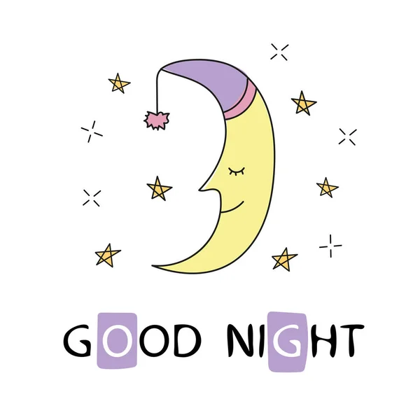Roztomilé spící půlměsíc na noční obloze. nápis dobrou noc — Stockový vektor