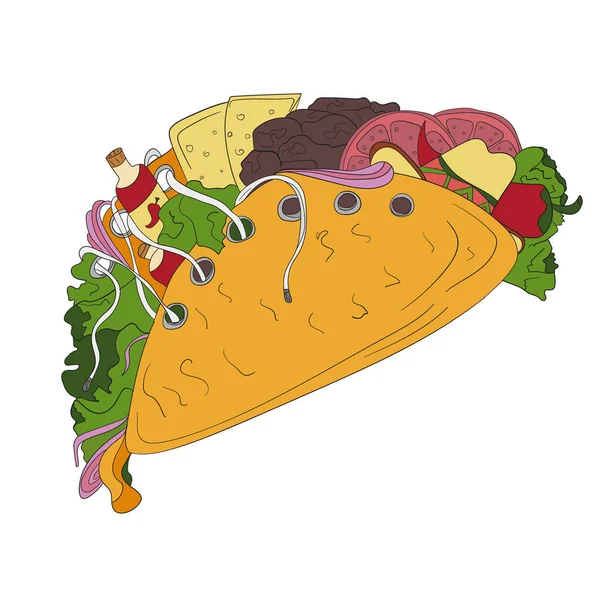 El çekilmiş tacos simgesi. Vektör rozet lokanta kroki stili için broşürler, afiş — Stok Vektör