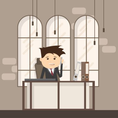 Yöneticisi veya bir office çalışma alanı'ndaki bir cep telefonu konuşurken işadamı. Vektör çizim, düz