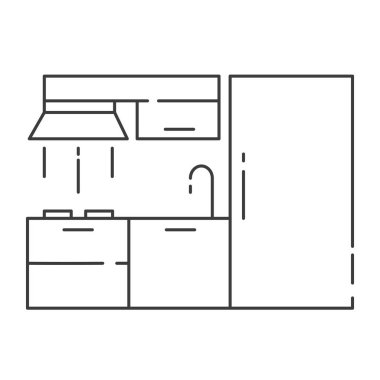 Modern mutfak iç tasarım. Web sitesi tasarımı ve mobil uygulamalar için yüksek kaliteli siyah anahat logo. Beyaz bir arka plan üzerinde vektör çizim.