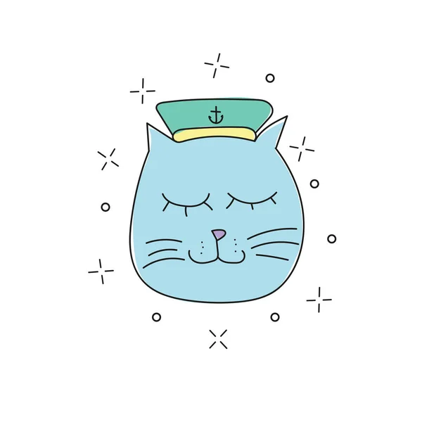 白地キャップにおかしいセーラー猫の手描きベクトル イラスト — ストックベクタ