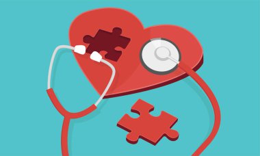 Red puzzle heart with stethoscope isolated blue clipart