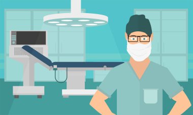 Tıbbi kavramı cerrah operasyon tiyatro vektör. Doktor tıbbi maskesi