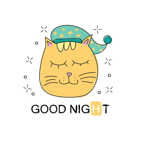 Vector illustration. Cute cartoon white cat sleeping and wishing good night — Stock Vector