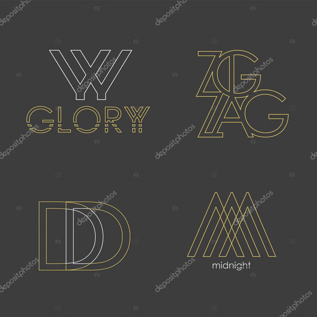 Set of 4 vector logos. Abstract Letters in a linear gold style