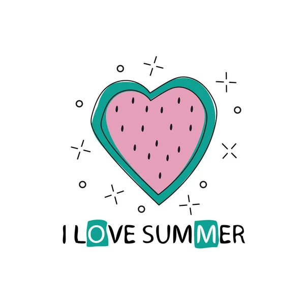 Vektortryk med vandmelon og bogstaver. Jeg elsker sommer. printbart banner – Stock-vektor