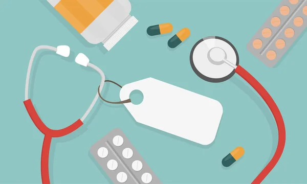 Vue de dessus du lieu de travail du médecin. Stéthoscope médical et pilules à plat — Image vectorielle