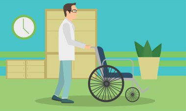 boş bir tekerlekli sandalye iterek doktor. Tam uzunlukta Doktor tekerlekli sandalye ayakta