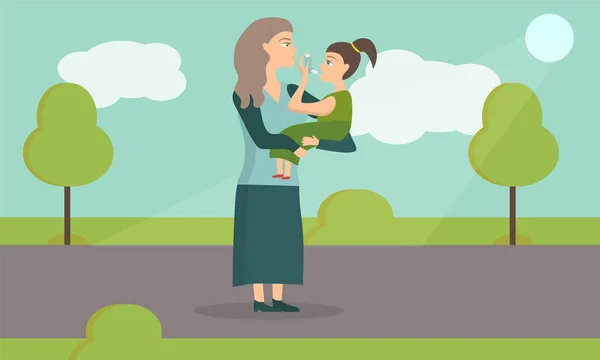 Illustratie van een astmatische meisje met een inhalator. Moeder met baby in het park — Stockvector