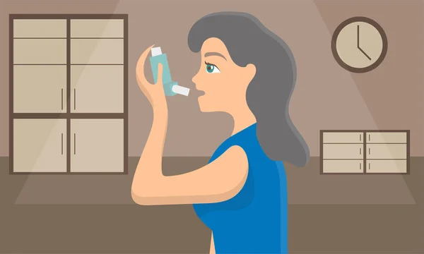 使用喷雾吸入器阻止哮喘发作的妇女。支气管疾病意识 — 图库矢量图片
