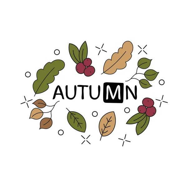 Texte de lettrage vectoriel à la main sur l'automne avec des feuilles doodle — Image vectorielle