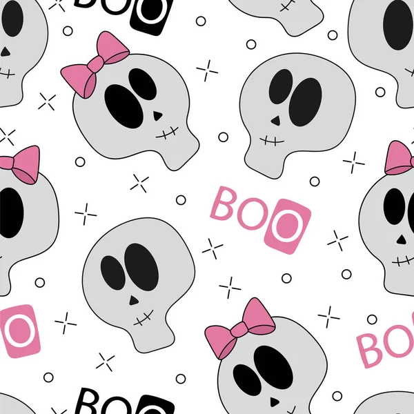 Calaveras de dibujos animados divertidos blancos de Halloween sin costuras - Patrón de vectores de fondo — Vector de stock