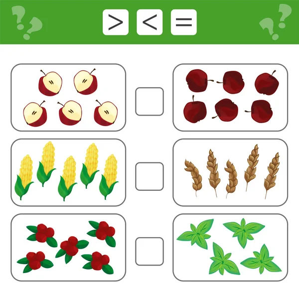 Aprender matemáticas, números - elegir más, menos o igual. Tareas para niños — Archivo Imágenes Vectoriales