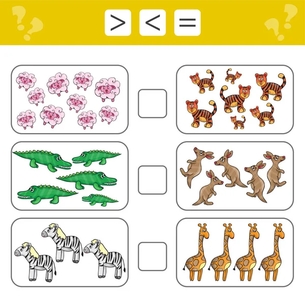 Aprendendo matemática, números - escolha mais, menos ou igual. Tarefas para crianças —  Vetores de Stock