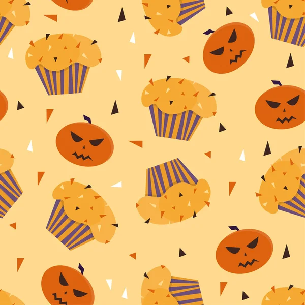Feliz Halloween cupcakes com elementos bonitos halloween padrão sem costura —  Vetores de Stock