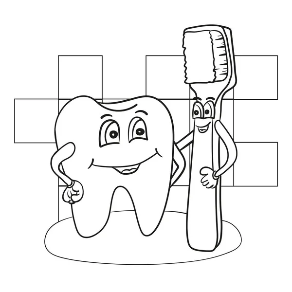 Ilustración de dibujos animados de carácter de diente feliz con cepillo de dientes para colorear libro — Vector de stock