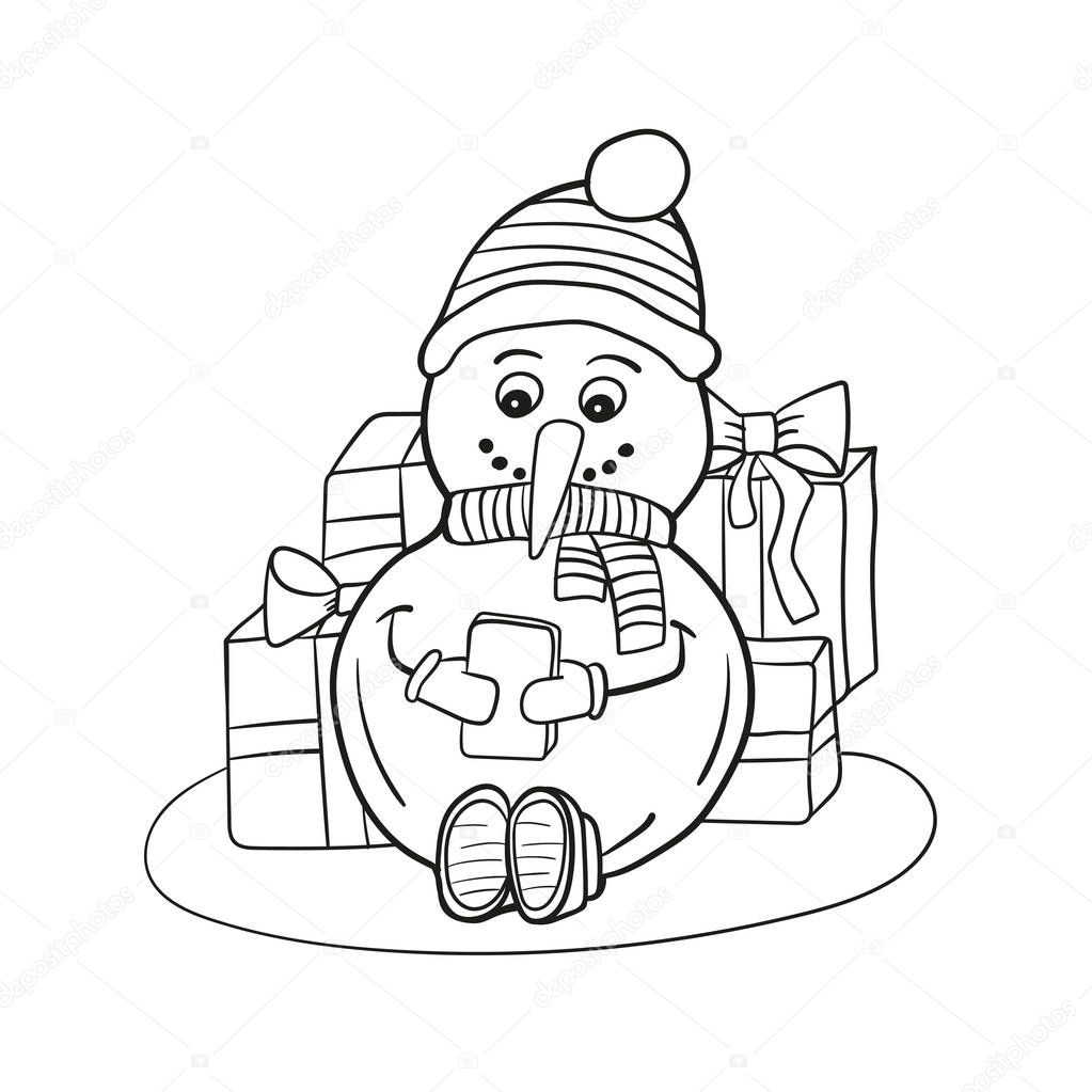 Outlined coloring snowman with mobile phone. Coloring book page for children