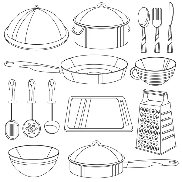 Libro da colorare per utensili da cucina. Illustrazione vettoriale per bambini — Vettoriale Stock