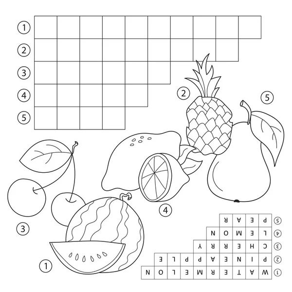 Jogo de palavras cruzadas com frutas. Página educacional para crianças - Palavras em inglês — Vetor de Stock