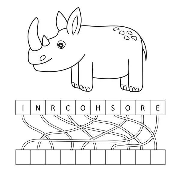 Desenho de página para colorir de desenhos animados rinoceronte bonito. Ilustração vetorial, livro de colorir — Vetor de Stock