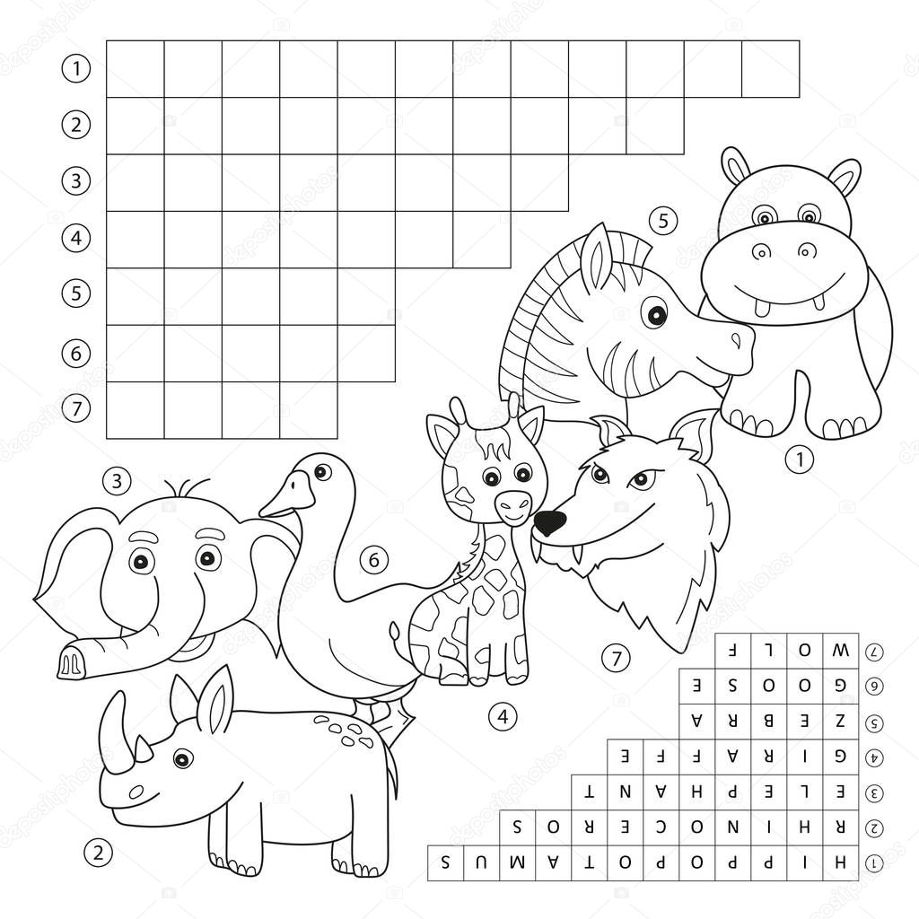 Crossword coloring book page, education game for children about animals