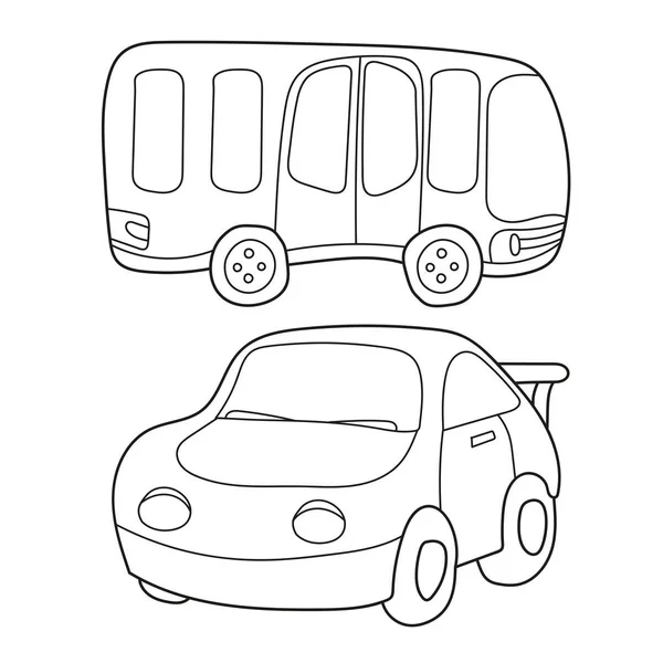 Obrysový černobílou karikaturu z autobusů a automobilů. Omalovánky pro děti — Stockový vektor