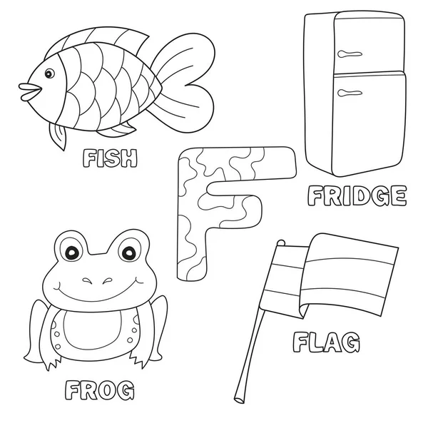 Alfabeto F con il vocabolario del fumetto per l'illustrazione da colorare del libro, vettore — Vettoriale Stock