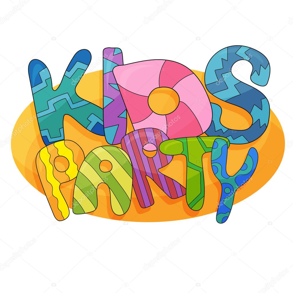 Kids party letter sign poster. Cartoon letters and colorful background. Vector flyer template illustration