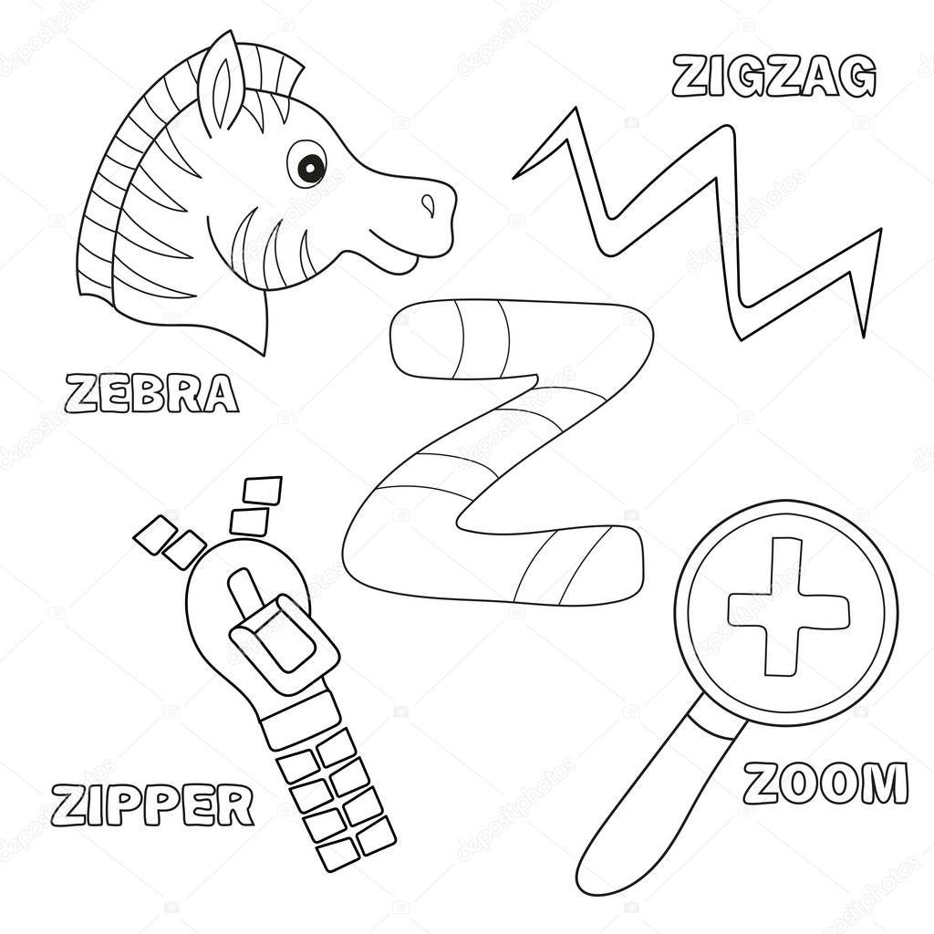 Alphabet Z - Worksheet Exercises for kids - Coloring book illustration