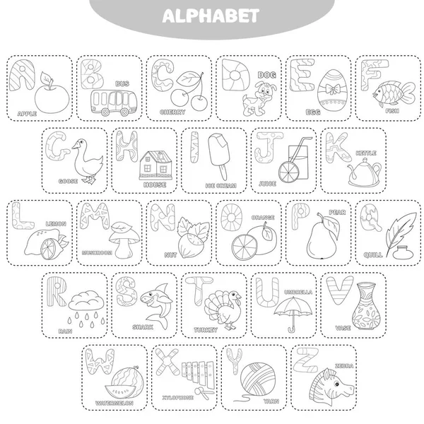 Malvorlage Englisches Alphabet Mit Bildern Und Titeln Für Die Bildung — Stockvektor