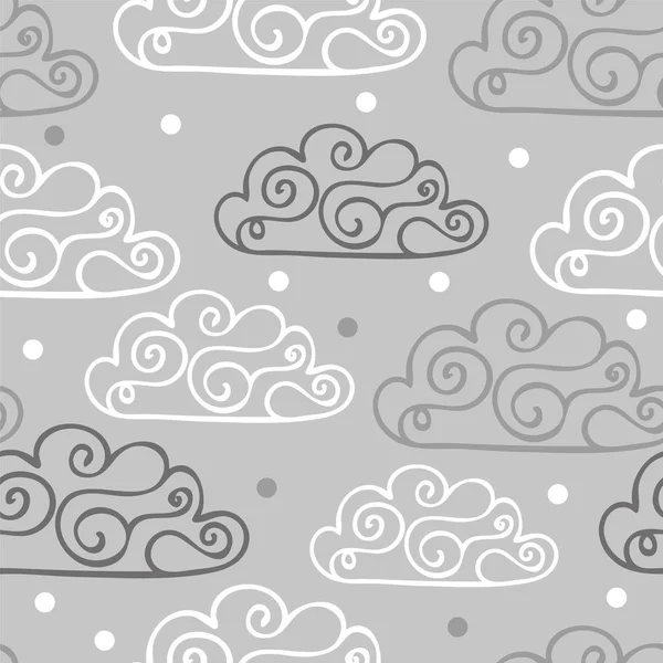 Patrón sin costura dibujado a mano con nubes lindas, estrellas sobre un fondo gris . — Archivo Imágenes Vectoriales
