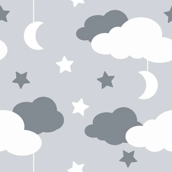 Seamless pattern with sky elements in line art style, grey night — Stock Vector