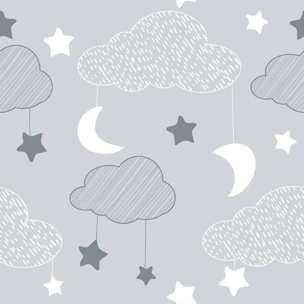 Seamless mönster med sky element i linje konst stil, grå natt — Stock vektor