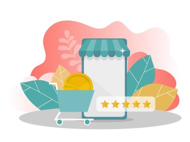 Online shopping. mobile phone with money, rating stars on modern background.