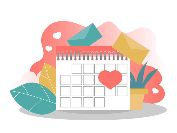 Valentines day calendar. Flat vector cartoon illustration. Vector illustration