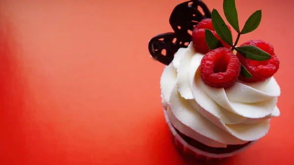 Dolce dessert, cupcake con crema di burro e lampone su sfondo rosso — Foto Stock