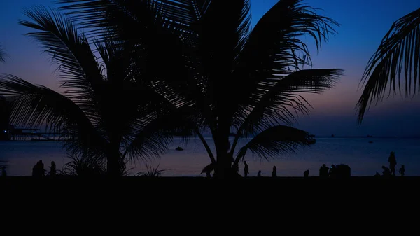Silueta de personas en la playa tropical al atardecer - Turistas disfrutando del tiempo — Foto de Stock