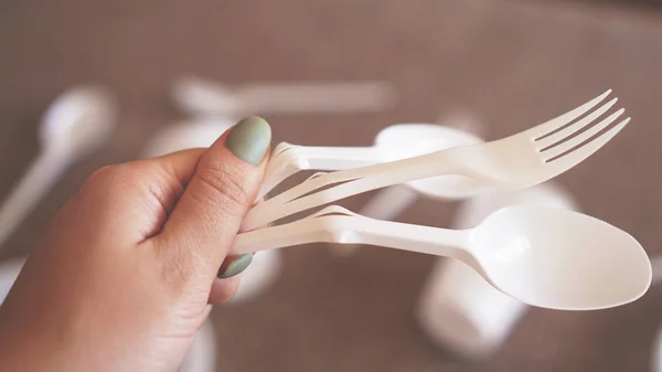 Hands break plastic dishes, people ban and stop using plastics garbage — Stock Photo, Image