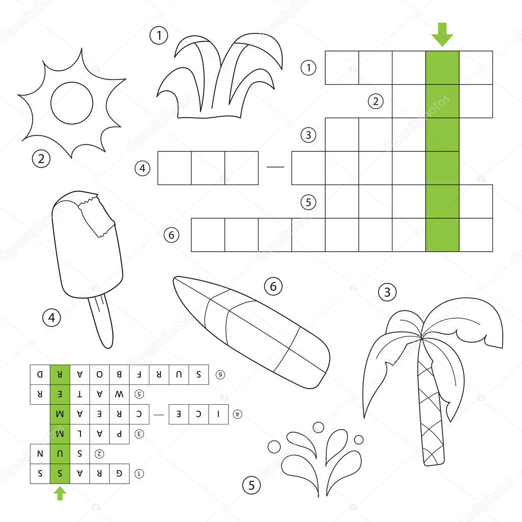 Vector crossword for children. Theme Summer. Summer things. Coloring book