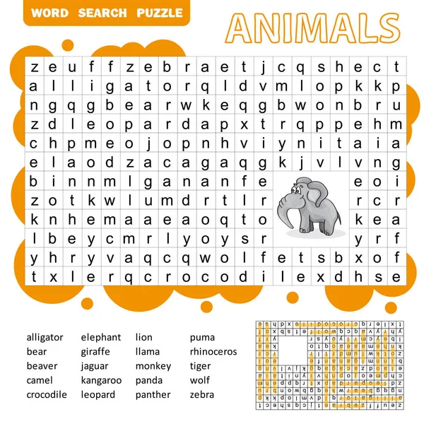 Ricerca parole puzzle game di animali per bambini in età prescolare foglio di lavoro attività — Vettoriale Stock