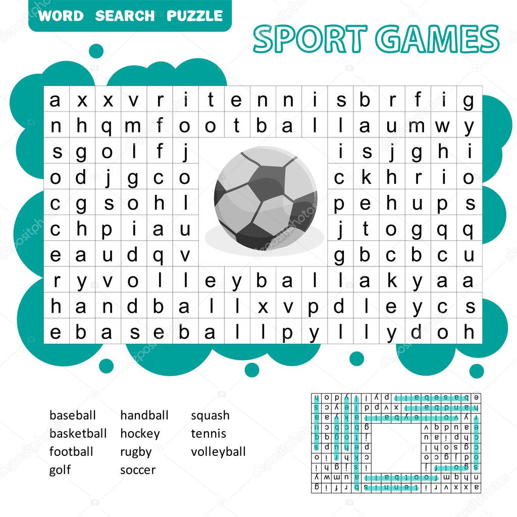 Sport games themed word search puzzle for kids. Answer included.