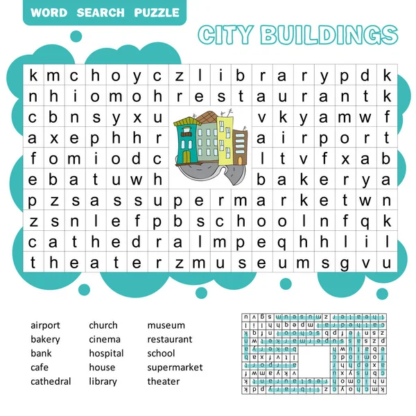 Puzzle de búsqueda de palabras. Vector juego sobre edificios de la ciudad. Hoja de trabajo para niños . — Vector de stock